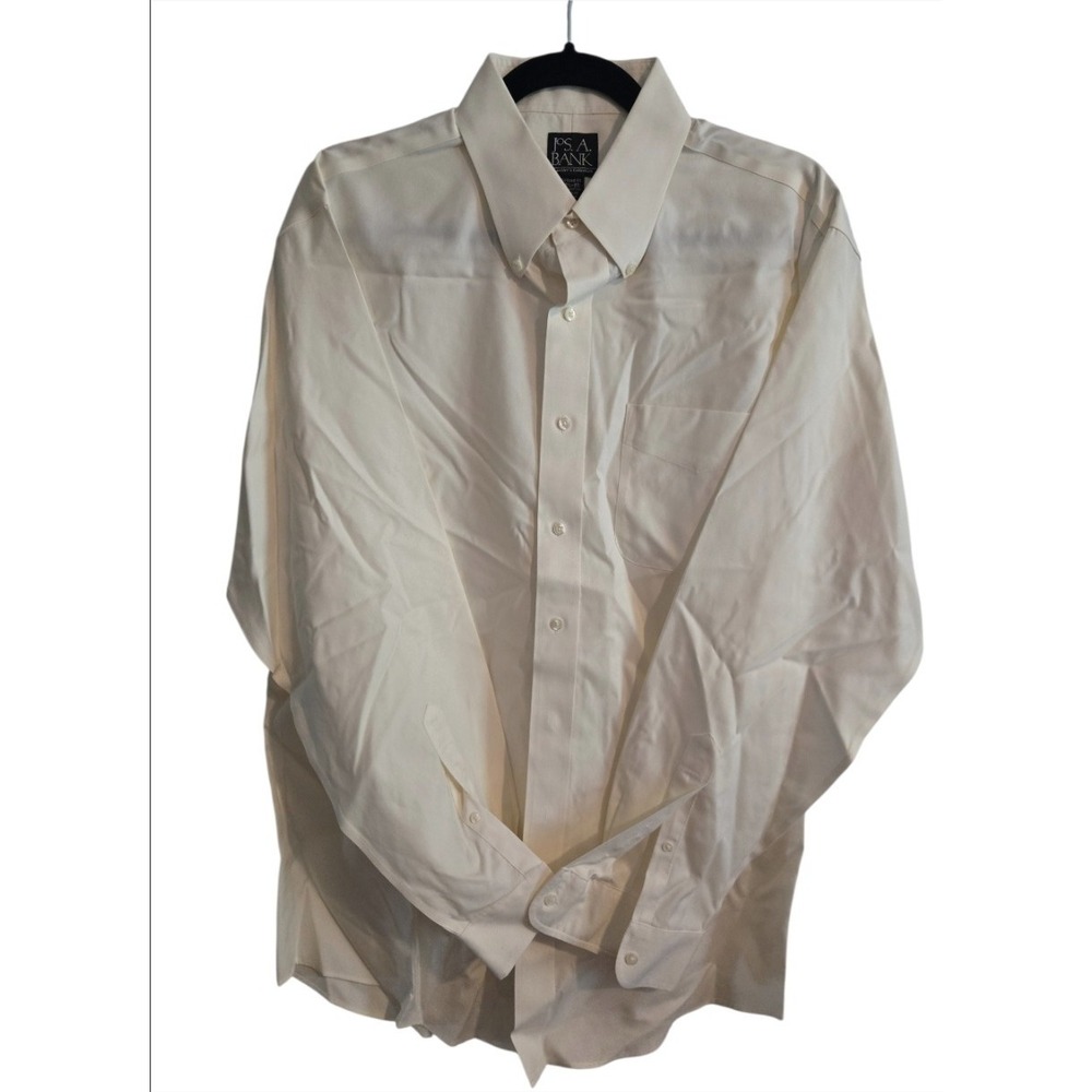 Jos A Bank Dress Shirt 16.5 35 Mens Tailored Fit Cream Off White Traveler Cotton